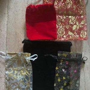 Lot 5 Jewelry Gift Bags Floral Sparkly Velvet Red